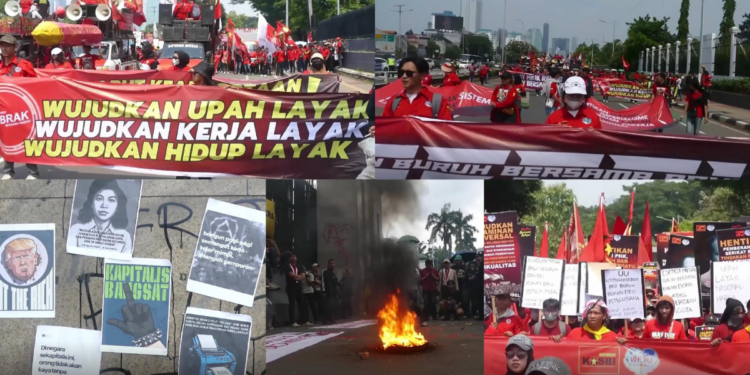 Indonesian workers burn tyres outside Parliament, demand wage reform in Jakarta May Day protest