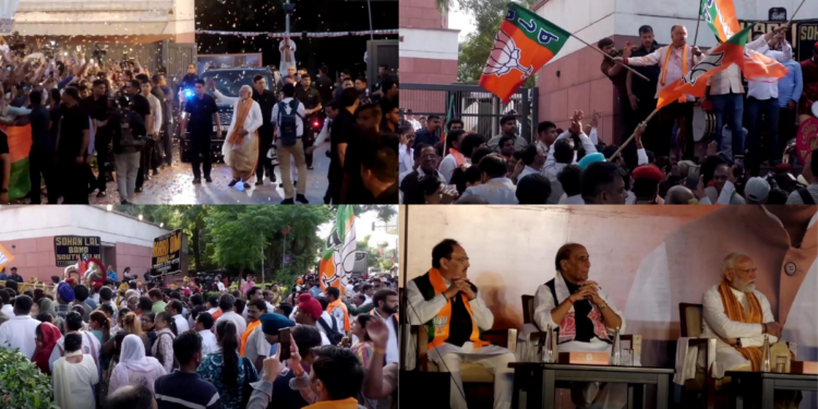 ‘Modi is our pride’ – BJP supporters celebrate West Bengal landslide as PM joins cheering crowd at headquarters