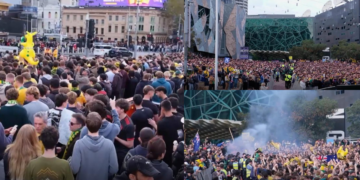 Federation Square erupts as Australia beat Turkey 2-0 at World Cup