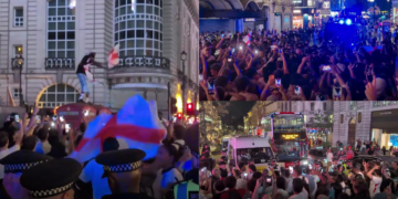 London police struggle to contain raging England fans after Argentina’s late World Cup comeback