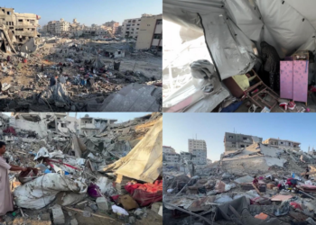 Displaced Gazans search wrecked tents after alleged Israeli strike on Al Shati building