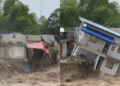 Two-storey residential building in Pampanga, Philippines crumbles as floodwaters sweep it away